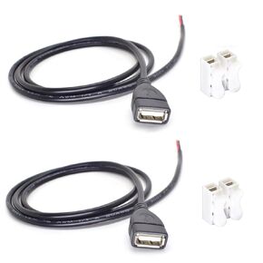 2PCS USB Pigtail Cable 3.3Ft(1M) USB 2.0 Female Jack to Open-end 2 Wires 20AWG 5V 5A Black USB Power Cable DIY with 2-Position Spring Wire Connector