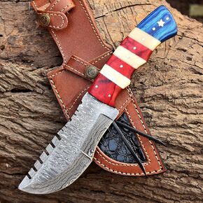 Damascus Steel Fixed Blade Tracker Hunting Knife With Horizontal and Scout Carry Leather Sheath - Full Tang Tactical Survival Bushcraft Knives for Men - American USA TX Flag Handle Knife for Camping