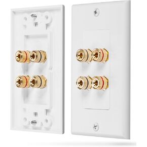 Fosmon Home Theater Wall Plate - Premium Quality Gold Plated Copper Banana Binding Post Coupler Type Wall Plate (White) (Two Speaker)