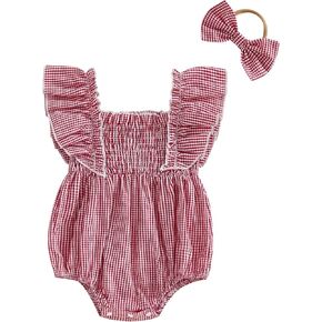 Newborn Baby Girl Smocked Bubble Romper Ruffle Sleeveless Ruched Plaid Bodysuit Jumpsuit With Bow Summer Clothes in Kuwait