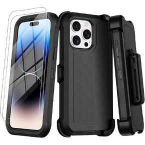 for iPhone 14 Pro Max Case with 2 Screen Protectors,Belt Clip Holster for iPhone 14 Pro Max Heavy Duty Phone Case,Rugged Durable Anti-Slip Shockproof Kickstand Protective Case (Black)