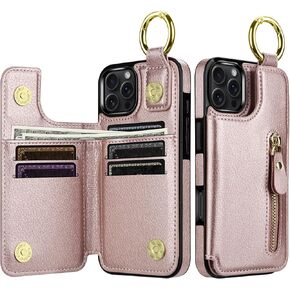 SAMONPOW for iPhone 16 Pro Max Case Wallet with Card Holder, Folio Flip Premium PU Leather Kickstand Card Slots Case, Double Magnetic Clasp Durable Shockproof Case for iPhone 16 Pro Max, Rose Gold