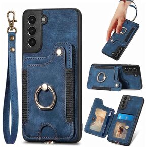 JanCalm for Samsung S21 Case Card Holder Wallet, Ring Stand, RFID Blocking, Wrist Strap, Camera Protector, Leather Magnetic Clasp Protective Cover for Galaxy S21 (Blue)