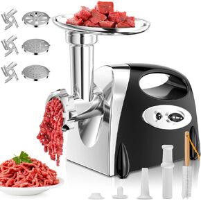 3-IN-1 Meat Grinder: [3000W Superior Motor][Ultra-Intelligent Chip]Meat Grinders for Home Use with 6 PCS Stainless Steel Blades&Plates,Sausage Stuffer Tubes&Kubbe Kit Portable Handle for Gift (Gray)