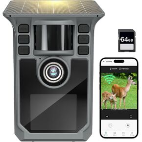 Solar Trail Camera 4K 64MP WiFi Game Camera, 5000mAh Forever Power, 64GB Memory Card and Ip67 Waterproof 130°Wide Angle Night Vision for Outdoor Wildlife Detection, Monitoring Trail Cameras