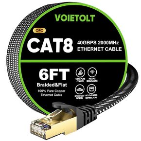 Cat 8 Ethernet Cable 6 FT Flat, High Speed 40Gbps 2000Mhz Braided Internet Cable with Gold Plated RJ45 Network LAN Cable SSTP, Heavy Duty Ethernet Cord Compatible for PS4/5, for Modems, PC/Laptop