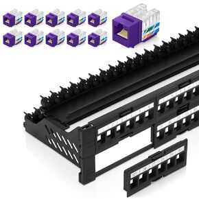 Everest Media Solutions Bundle – 2 Items: 48-Port Keystone Patch Panel + 10 Pack of RJ45 Cat6 Keystone Jacks - Purple