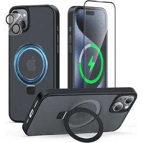 Meefad Magnetic for iPhone 15 Pro Max Case, Compatible with MagSafe, 2 Screen Protector + 2 Camera Lens Protector, Translucent Matte Phone Case with Invisible Ring Stand, Protective Case Cover, Pink