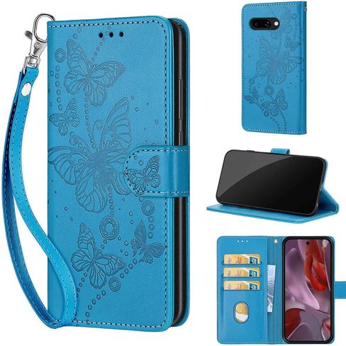 Designed for Google Pixel 9A Case Wallet,Women Flip Folio Cover with Embossed PU Leather Stand Credit Card Holders Slots Wrist Strap Phone Case for Google Pixel 9a (Blue Butterfly) in Saudi Arabia