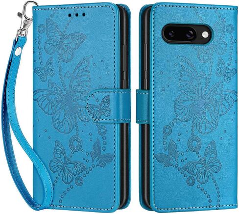 Designed for Google Pixel 9A Case Wallet,Women Flip Folio Cover with Embossed PU Leather Stand Credit Card Holders Slots Wrist Strap Phone Case for Google Pixel 9a (Blue Butterfly) in Saudi Arabia