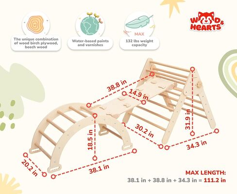 WoodandHearts Set of three items Wooden toys Climbing triangle Montessori Wooden toys Triangle with ramp Activity gym Climbing triangle set (Standard size) in Kuwait