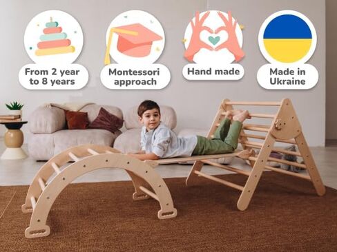 WoodandHearts Set of three items Wooden toys Climbing triangle Montessori Wooden toys Triangle with ramp Activity gym Climbing triangle set (Standard size) in Kuwait