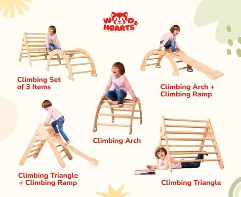 WoodandHearts Set of three items Wooden toys Climbing triangle Montessori Wooden toys Triangle with ramp Activity gym Climbing triangle set (Standard size) in Kuwait