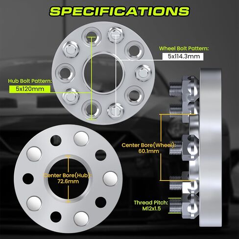 20mm Wheel Adapters 5x120 to 5x114.3 (Hub to Wheel) Hubcentric - Center Bore 72.6mm (Hub) to 60.1mm (Wheel) Compatible For BMW With 5x120 Hub and 72.6mm Bore to Mount 5x114.3 Wheels (2pc M12x1.5) in Kuwait