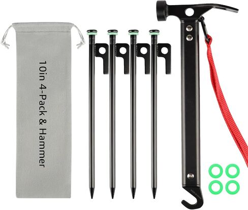 4 Pack Tent Stakes Heavy Duty Metal Tent Pegs with 10in Steel Tent Stakes+Fluorescent Silicone Rings+Special Bag for Camping Used on Rocks, Grassland (10in - 4 Pack) in Saudi Arabia