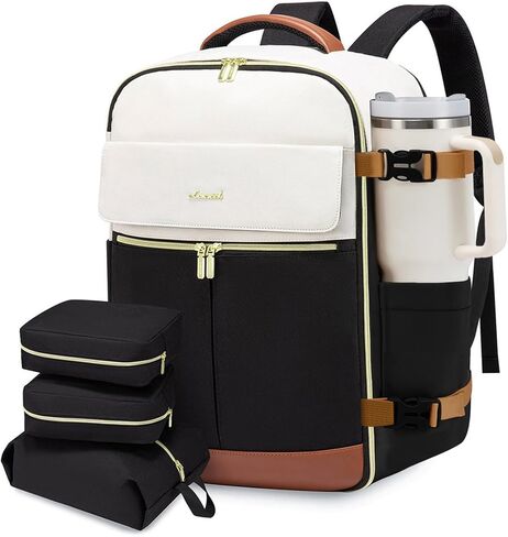 LOVEVOOK Travel Backpack for Women, TSA Carry On Backpack Flight Approved Luggage, 40L Water Resistant Personal Item Daypack Large Weekender Bag fit 17 inch Laptop with 3 Cubes, Beige-black-brown in Kuwait