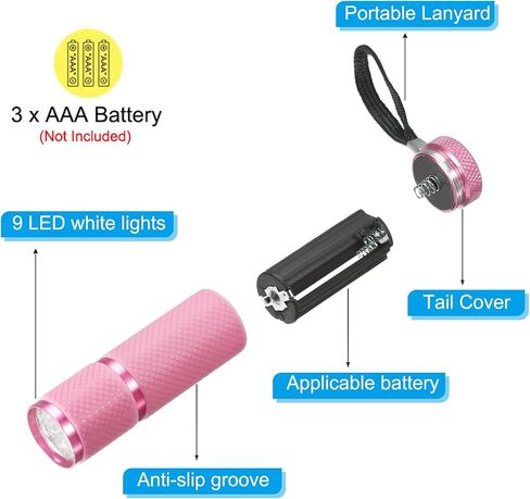 PATIKIL 9 LED Glow in Dark Flashlights, 2 Pcs Mini Aluminum Flashlight Rubber Coated Flashlight with Strap for Camping, Hiking, Party, Pink in Kuwait