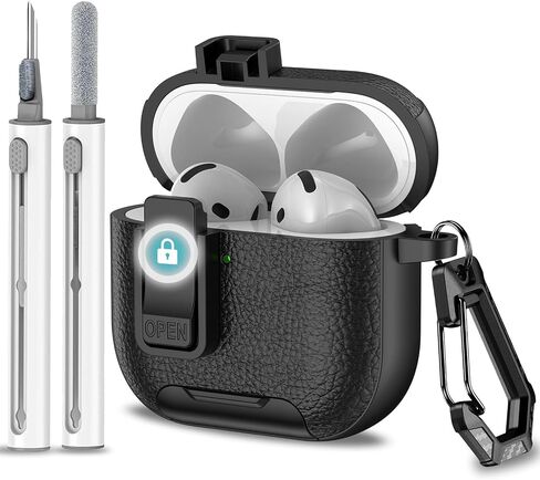 for AirPods 4 Case Cover with Lock, Compatible with Magsafe, Charging Port Dust-Proof & Stand Design with Cleaning Kit Full-Body Shockproof Protective Cover for AirPods 4 (Black) in Kuwait