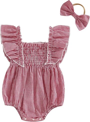 Newborn Baby Girl Smocked Bubble Romper Ruffle Sleeveless Ruched Plaid Bodysuit Jumpsuit With Bow Summer Clothes in Kuwait