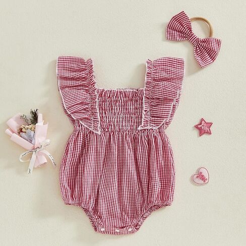 Newborn Baby Girl Smocked Bubble Romper Ruffle Sleeveless Ruched Plaid Bodysuit Jumpsuit With Bow Summer Clothes in Kuwait