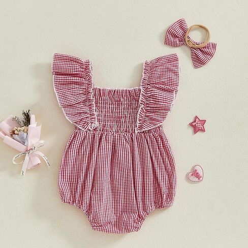 Newborn Baby Girl Smocked Bubble Romper Ruffle Sleeveless Ruched Plaid Bodysuit Jumpsuit With Bow Summer Clothes in Kuwait