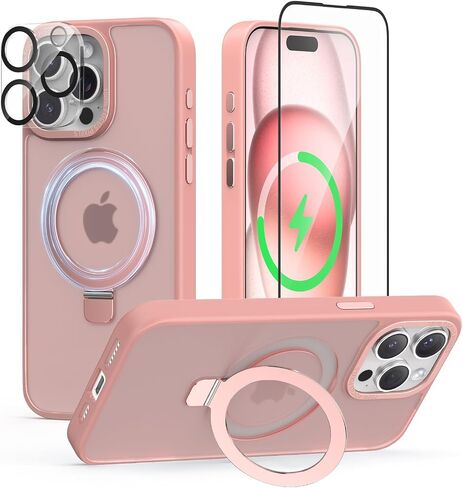 Meefad Magnetic for iPhone 15 Pro Max Case, Compatible with MagSafe, 2 Screen Protector + 2 Camera Lens Protector, Translucent Matte Phone Case with Invisible Ring Stand, Protective Case Cover, Pink in Saudi Arabia