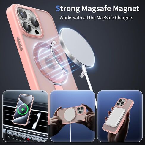 Meefad Magnetic for iPhone 15 Pro Max Case, Compatible with MagSafe, 2 Screen Protector + 2 Camera Lens Protector, Translucent Matte Phone Case with Invisible Ring Stand, Protective Case Cover, Pink in Saudi Arabia