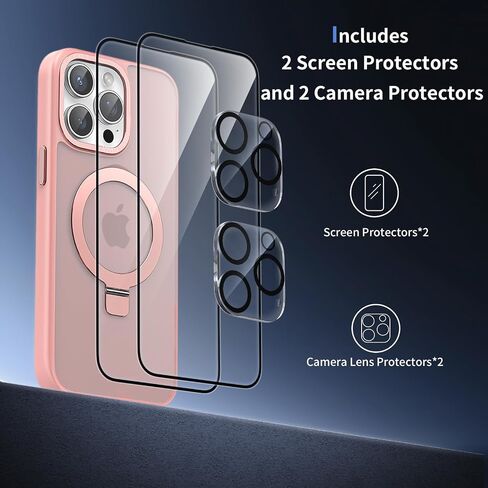 Meefad Magnetic for iPhone 15 Pro Max Case, Compatible with MagSafe, 2 Screen Protector + 2 Camera Lens Protector, Translucent Matte Phone Case with Invisible Ring Stand, Protective Case Cover, Pink in Saudi Arabia