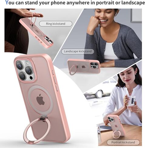 Meefad Magnetic for iPhone 15 Pro Max Case, Compatible with MagSafe, 2 Screen Protector + 2 Camera Lens Protector, Translucent Matte Phone Case with Invisible Ring Stand, Protective Case Cover, Pink in Saudi Arabia
