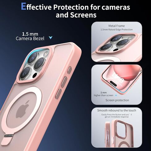 Meefad Magnetic for iPhone 15 Pro Max Case, Compatible with MagSafe, 2 Screen Protector + 2 Camera Lens Protector, Translucent Matte Phone Case with Invisible Ring Stand, Protective Case Cover, Pink in Saudi Arabia