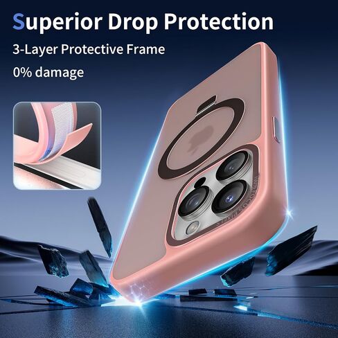 Meefad Magnetic for iPhone 15 Pro Max Case, Compatible with MagSafe, 2 Screen Protector + 2 Camera Lens Protector, Translucent Matte Phone Case with Invisible Ring Stand, Protective Case Cover, Pink in Saudi Arabia