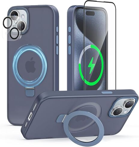 Meefad Magnetic for iPhone 15 Pro Max Case, Compatible with MagSafe, 2 Screen Protector + 2 Camera Lens Protector, Translucent Matte Phone Case with Invisible Ring Stand, Protective Case Cover, Pink in Saudi Arabia