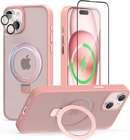 Meefad Magnetic for iPhone 15 Pro Max Case, Compatible with MagSafe, 2 Screen Protector + 2 Camera Lens Protector, Translucent Matte Phone Case with Invisible Ring Stand, Protective Case Cover, Pink in Saudi Arabia