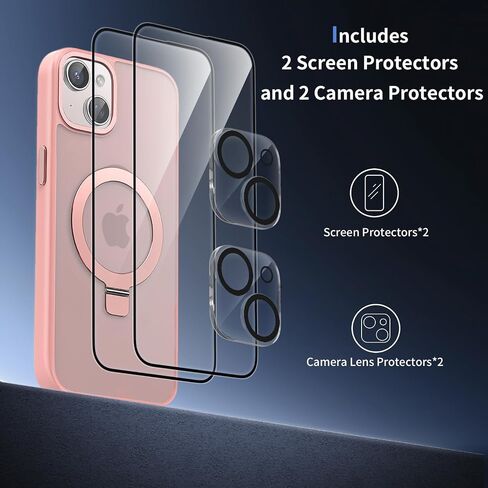 Meefad Magnetic for iPhone 15 Pro Max Case, Compatible with MagSafe, 2 Screen Protector + 2 Camera Lens Protector, Translucent Matte Phone Case with Invisible Ring Stand, Protective Case Cover, Pink in Saudi Arabia