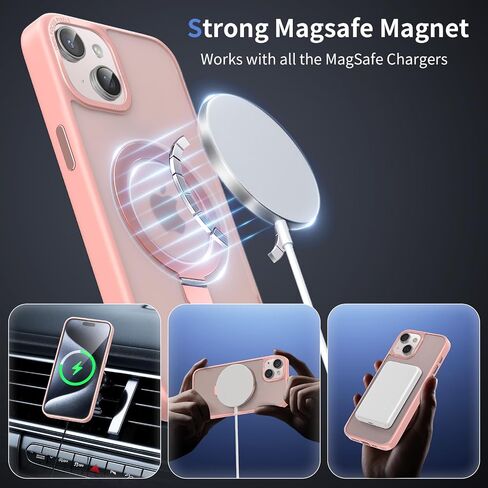 Meefad Magnetic for iPhone 15 Pro Max Case, Compatible with MagSafe, 2 Screen Protector + 2 Camera Lens Protector, Translucent Matte Phone Case with Invisible Ring Stand, Protective Case Cover, Pink in Saudi Arabia