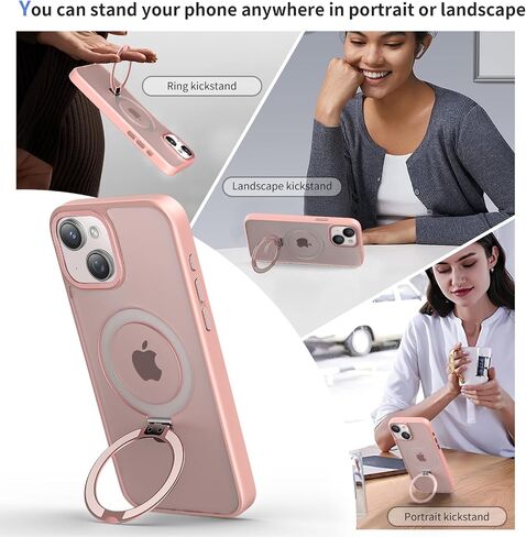 Meefad Magnetic for iPhone 15 Pro Max Case, Compatible with MagSafe, 2 Screen Protector + 2 Camera Lens Protector, Translucent Matte Phone Case with Invisible Ring Stand, Protective Case Cover, Pink in Saudi Arabia