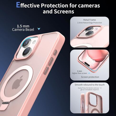 Meefad Magnetic for iPhone 15 Pro Max Case, Compatible with MagSafe, 2 Screen Protector + 2 Camera Lens Protector, Translucent Matte Phone Case with Invisible Ring Stand, Protective Case Cover, Pink in Saudi Arabia