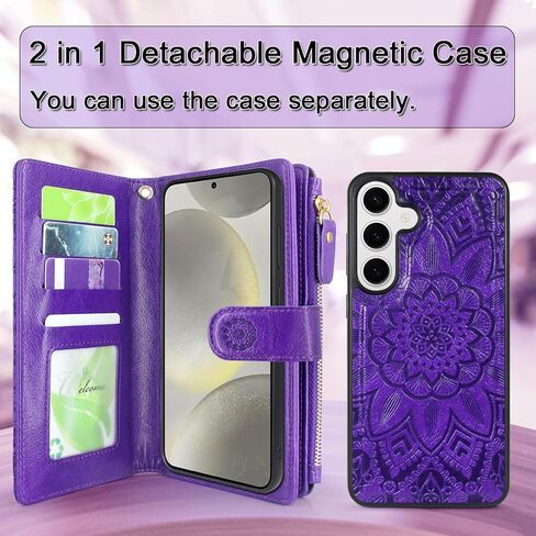 Harryshell Compatible with Samsung Galaxy S25+ Plus Wallet Case Detachable Phone Cover with Zipper Cash Coin Pocket Multi Card Slots Holder Wrist Strap Lanyard 6.7 inch (Floral Brown) in Kuwait