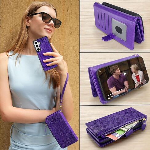 Harryshell Compatible with Samsung Galaxy S25+ Plus Wallet Case Detachable Phone Cover with Zipper Cash Coin Pocket Multi Card Slots Holder Wrist Strap Lanyard 6.7 inch (Floral Brown) in Kuwait