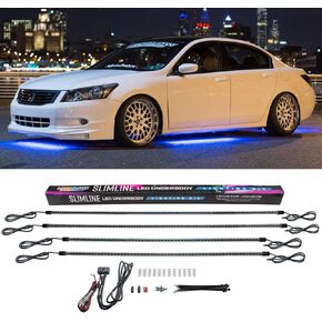 LEDGlow 4pc Blue Slimline LED Underbody Underglow Accent Neon Lighting Kit for Cars - Solid Color Illumination - Water Resistant, Low Profile Tubes - Included Power Switch Turns Lights On & Off