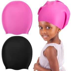 Swimming Cap 2 Pack Silicone Swim Cap for Braids and Dreadlocks Girls Silicone Waterproof Swim Cap Shower Cap for Kids Teens with Long Hair Weaves Hair Extensions Curls (Black, Pink,M)
