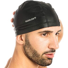 Taddlee Men Swim Cap PU Fabric Silicone Bathing Swimming Hat Pool Waterproof Sports Adult Swim Wear Accessories Large Size Outdoor