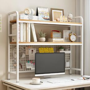 IOTXY 2-Tier Desktop Hutch Bookshelf - Metal Desk Shelf Bookcase with Grid Panel, Countertop Storage Organizer Rack for Dorm or Office, Black, 45.3" W