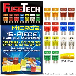 Micro2 APT ATR 15 Piece Automotive Car Fuse Assortment Pack (Set of 14 Blade Fuses + Fuse Puller) 5A 7.5A 10A 15A 20A 25A 30A