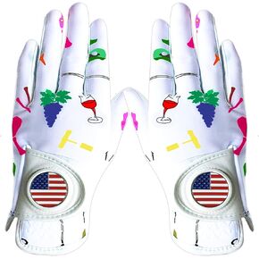 FINGER TEN Golf Gloves Women Right Handed Golfer Left Hand with Ball Marker USA Flag Ladies Breathable Soft All Weather Grip Printed Pattern Size XS S M L XL