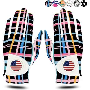 FINGER TEN Golf Gloves Women Right Handed Golfer Left Hand with Ball Marker USA Flag Ladies Breathable Soft All Weather Grip Printed Pattern Size XS S M L XL