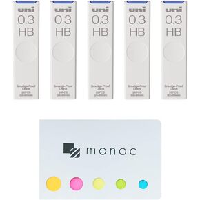 Uni Pencil Lead,"The Uni" Smudge-Proof Leads, 0.3mm HB, 5 Pack &"monoc" Sticky Note(Japan Import)