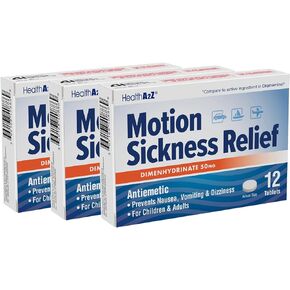 HealthA2Z® Motion Sickness Relief | Dimenhydrinate 50mg | Antiemetic | Prevents Nausea, Vomiting & Diziness | for Children & Adults (36 Counts (Pack of 3))