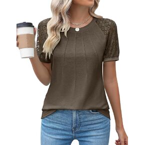 Women's Fashion Tops Crewneck Sexy Patchwork Lace Puff Short Sleeve Tee Shirts Casual Knitted Blouses for Women