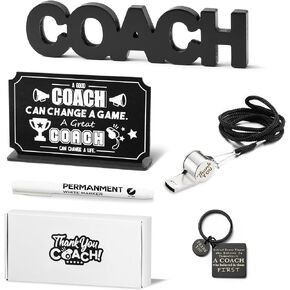 WATINC 5pcs Thank You Coach Gifts, Thanks Coach Wooden Sign Keychain Pen Steel Whistle with Rope, Basketball Softball Soccer Hockey Baseball Football Coach Appreciation Gift Table Decor for Women Men